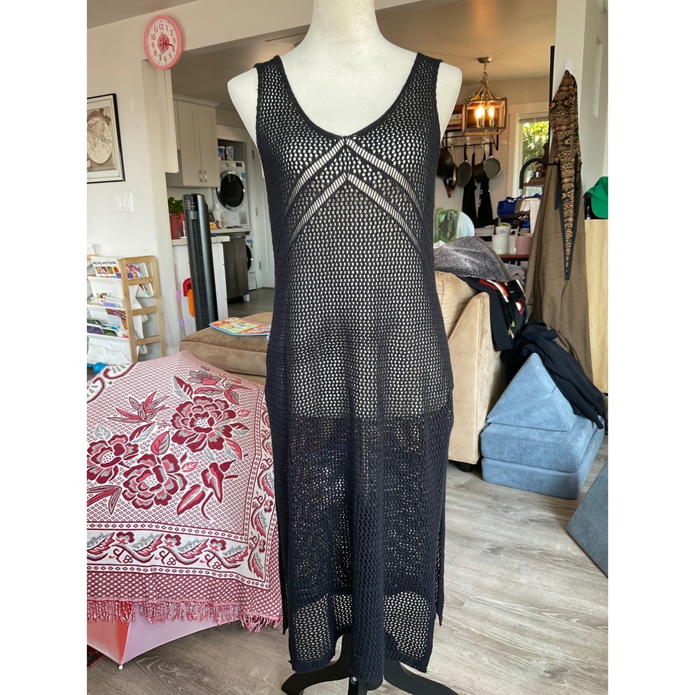 Black Crochet Knit Midi Dress Sleeveless V-Neck Side Slit Beach Cover‎ Up